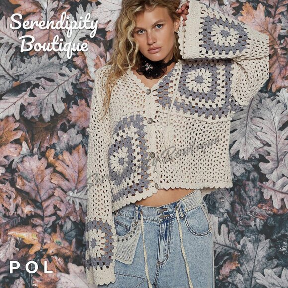 POL Cozy Slouchy Thick Lush Oversized Lavender Crochet Button Up Hoodie Sweater - Picture 2 of 11